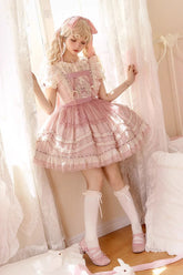 Robe JSK Lolita à imprimé lapin rose, rêve doux, fille, nœud à volants, couture en dentelle